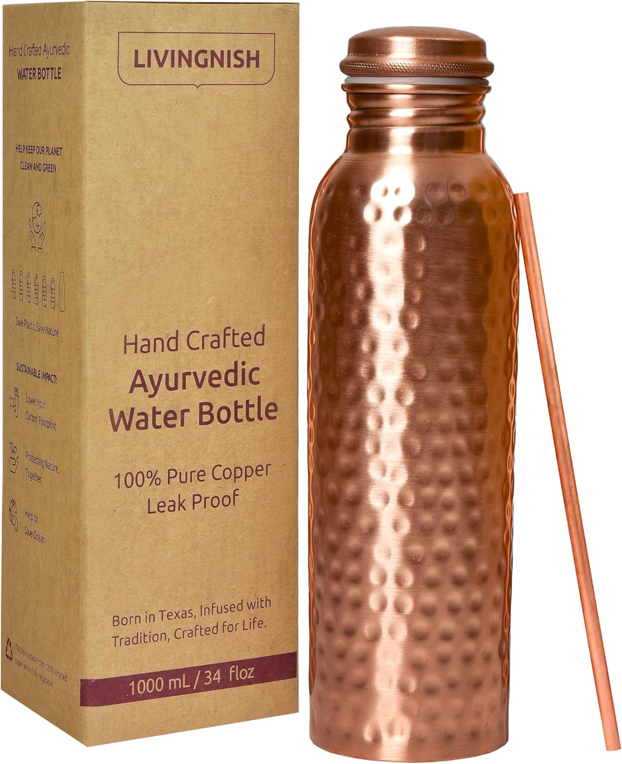 Handcrafted Hammered Copper Water Bottle 34 Oz