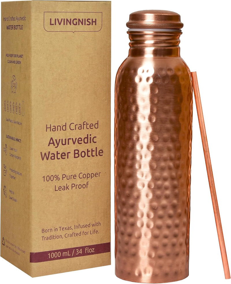 Handcrafted Hammered Copper Water Bottle 34 Oz